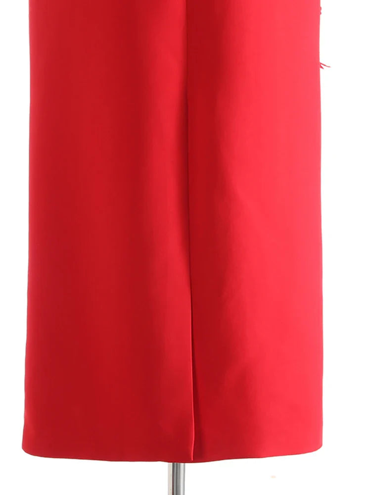 Red Floral Appliqué Midi Skirt