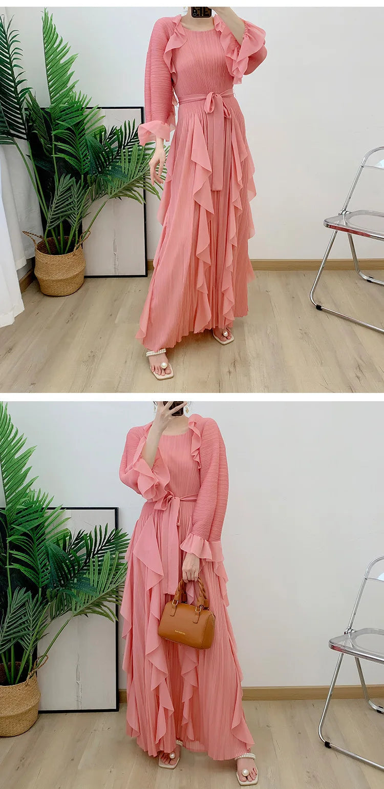 Luxury Pleated Ruffle Midi Dress