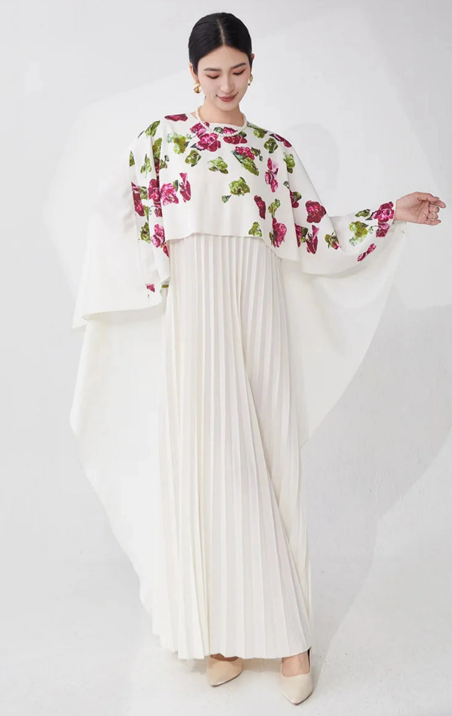 Pleated Petite Floral Cape Dress
