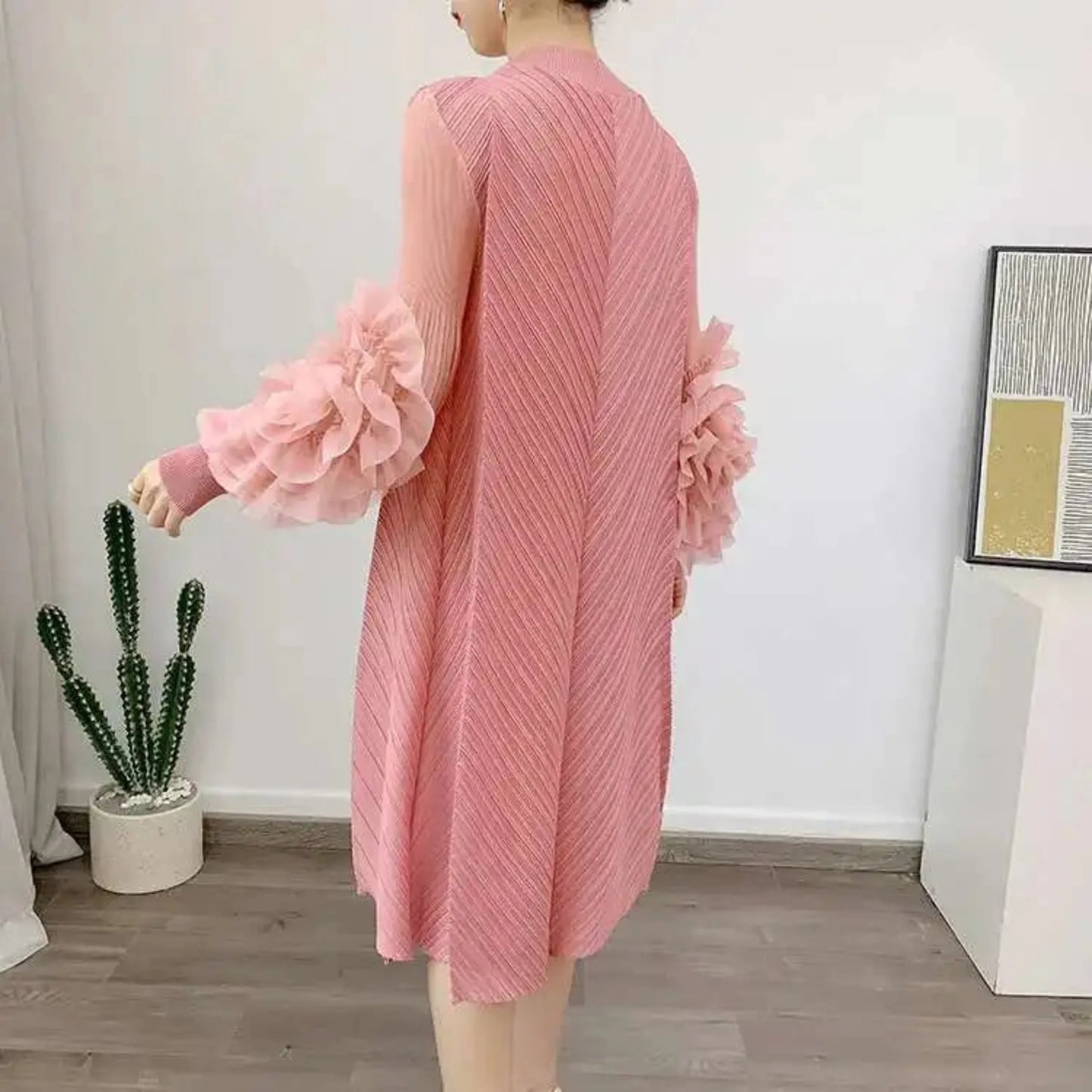 Luxury Pleated Floral Ruffle Dress