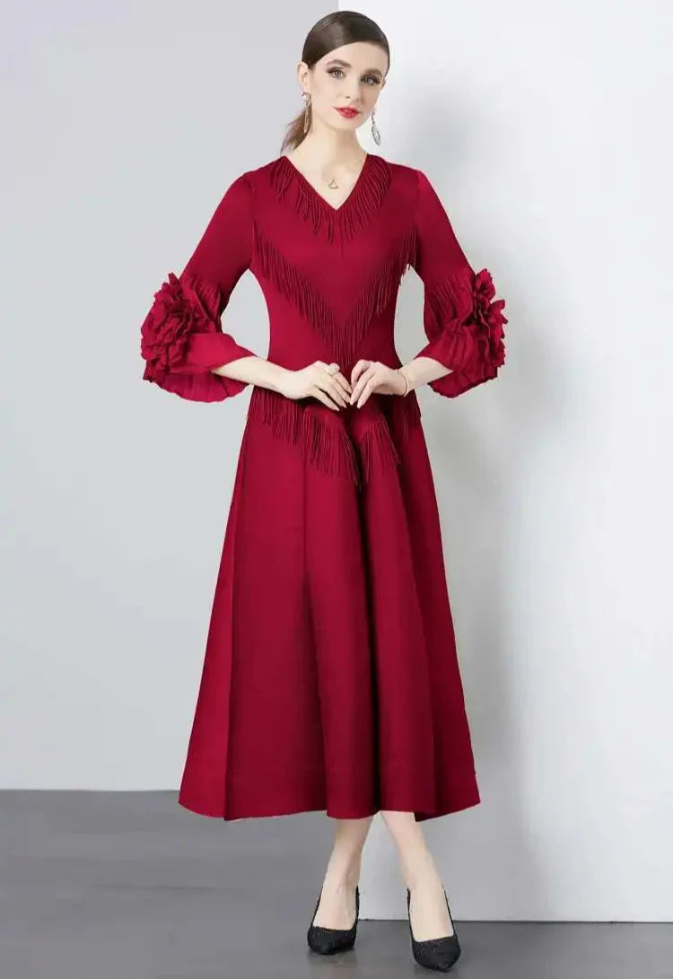 Plisse Floral Cape Sleeve Dress