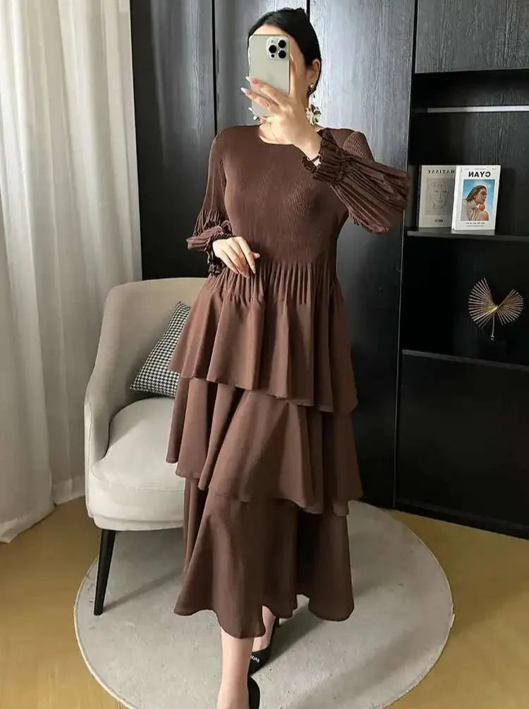 Pleated Lantern Sleeve Ruffle Dress