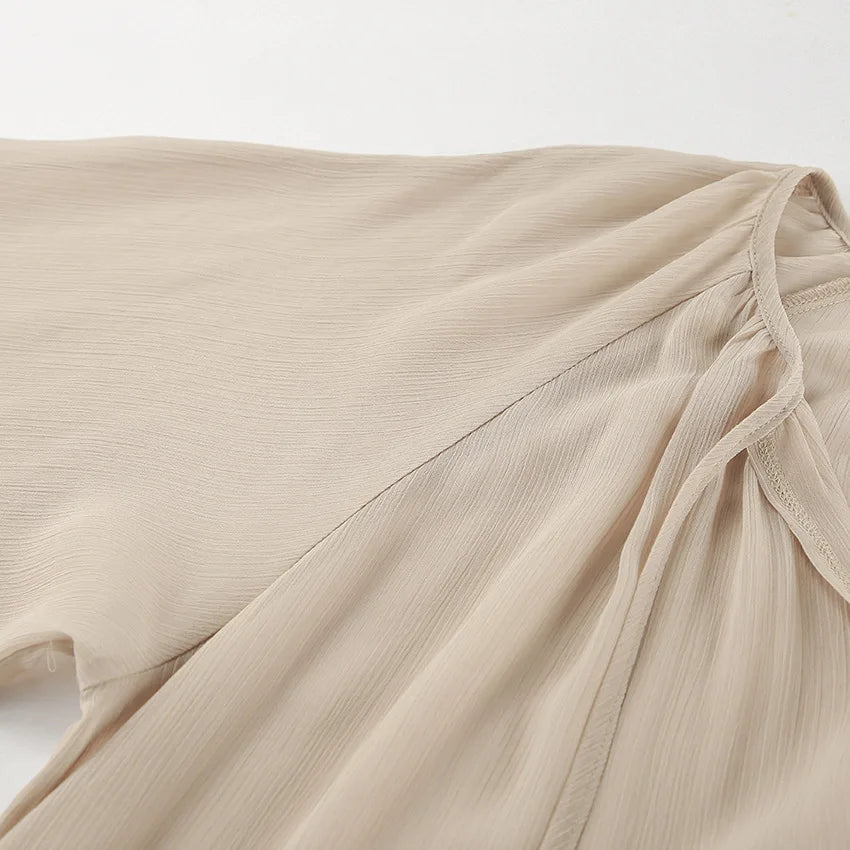 Luxe Sheer Beige Flowing Dress - Ruffled Long Sleeve