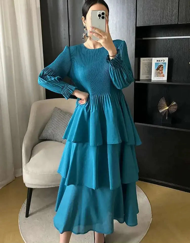 Pleated Lantern Sleeve Ruffle Dress
