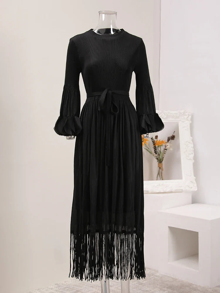 Elegant Fringe Hem Plissé Dress