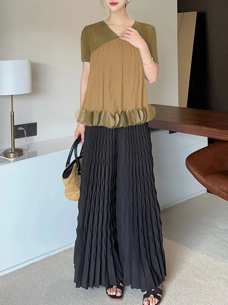 Pleated Chiffon Wide-Leg Trousers