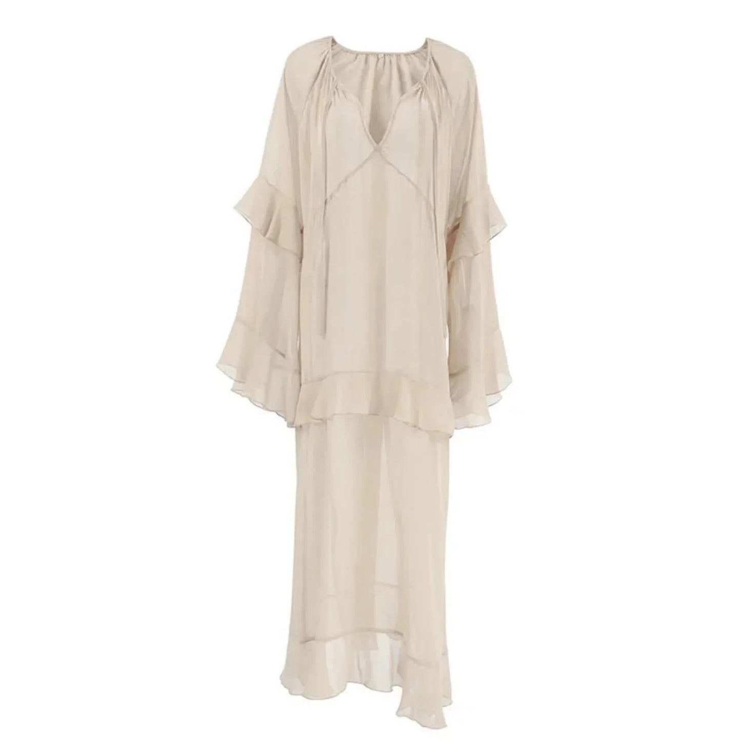 Luxe Sheer Beige Flowing Dress - Ruffled Long Sleeve