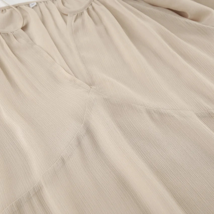 Luxe Sheer Beige Flowing Dress - Ruffled Long Sleeve