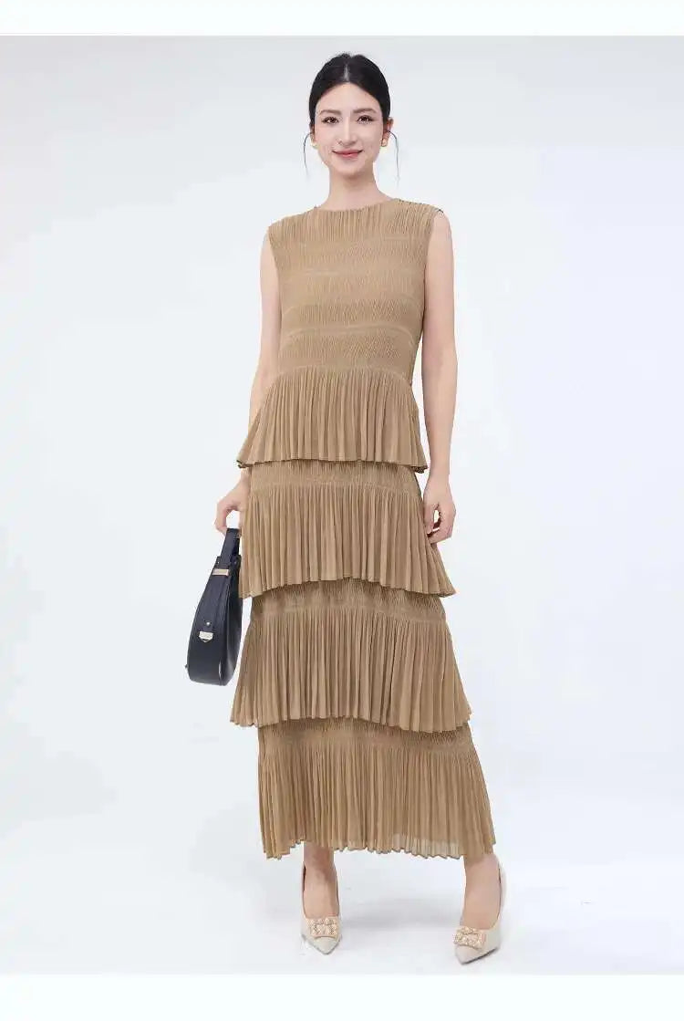 Unique Tiered Pleated Sleeveless Dress