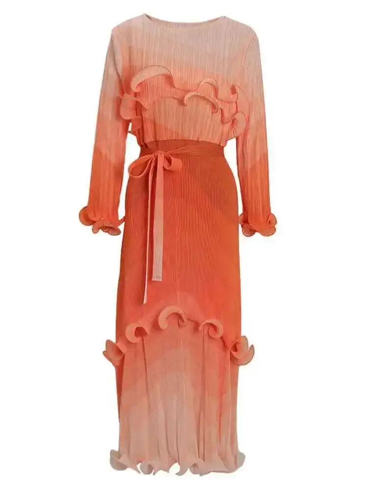 Ombre Pleated Ruffle Long Dress