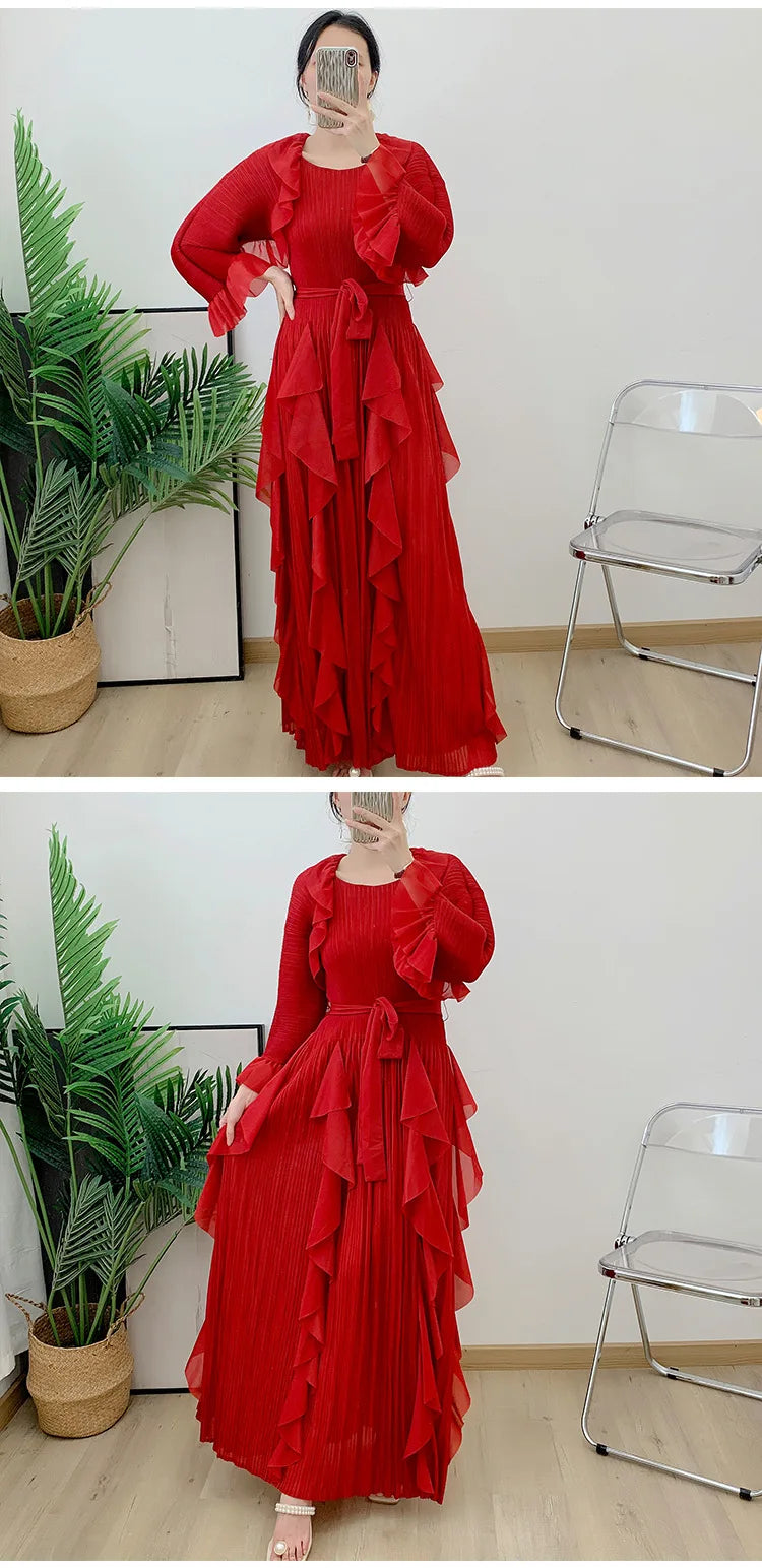 Luxury Pleated Ruffle Midi Dress