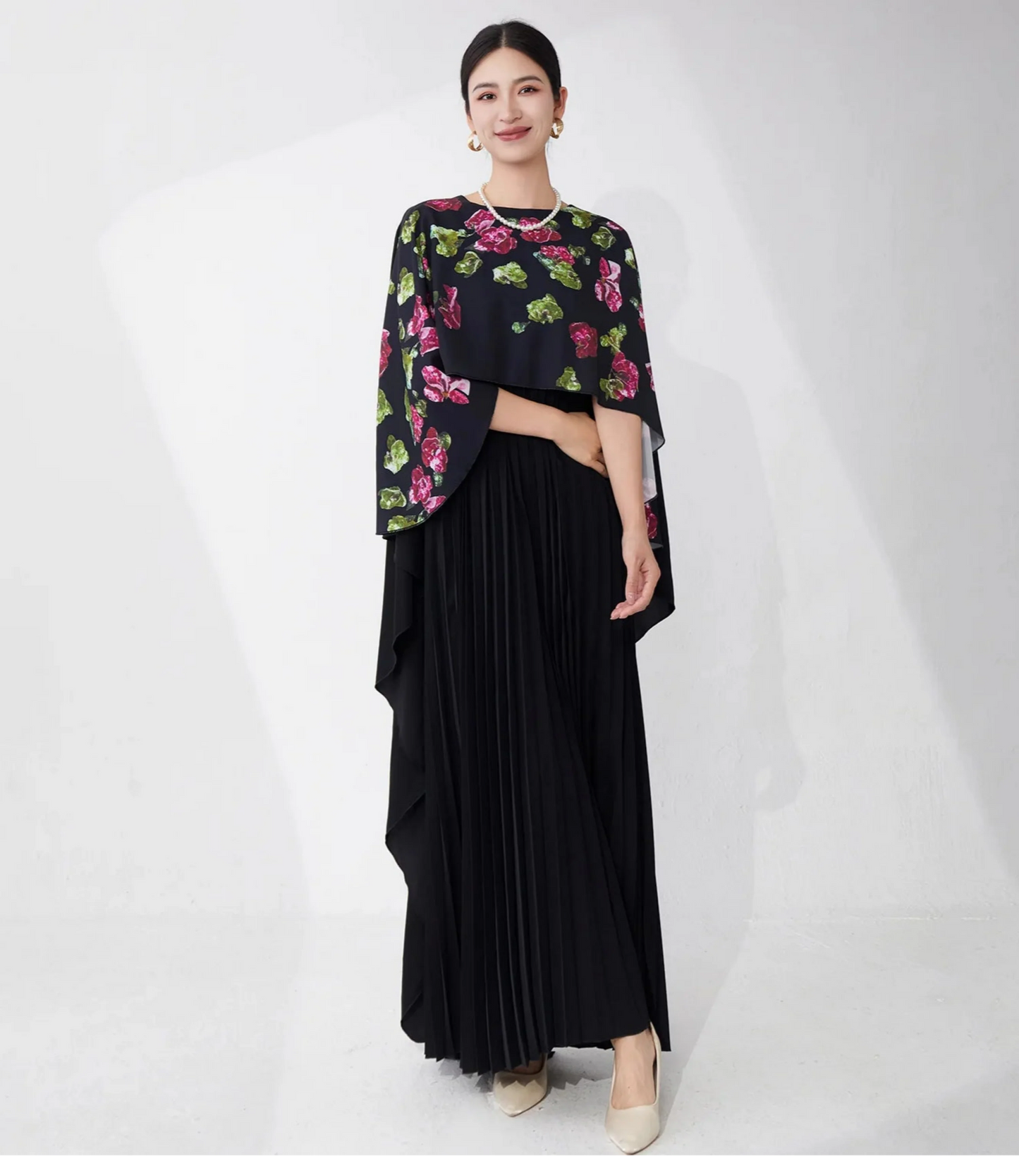 Pleated Petite Floral Cape Dress