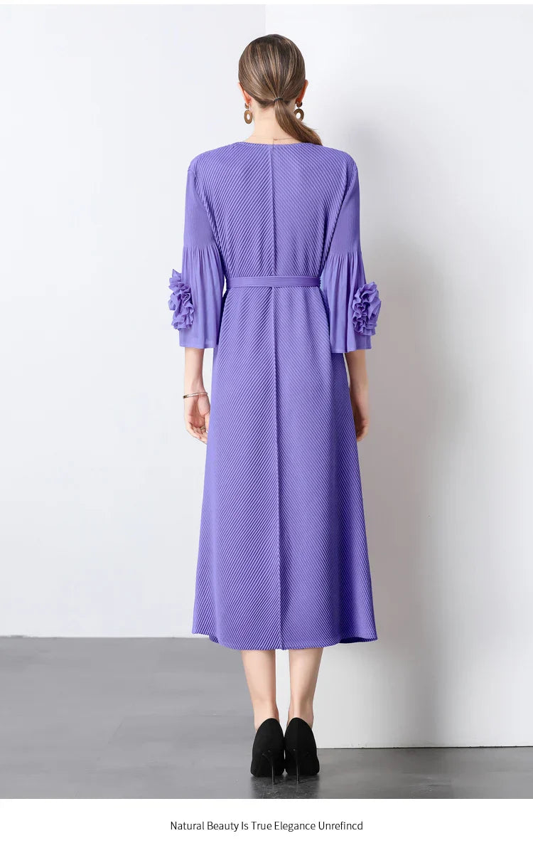 Floral Cape Sleeve Plisse Dress