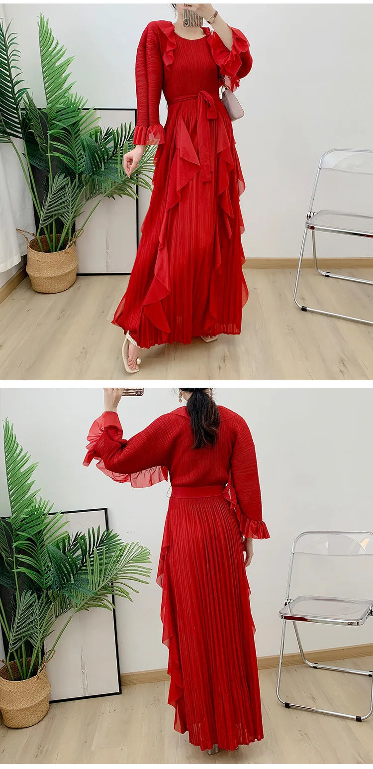 Luxury Pleated Ruffle Midi Dress