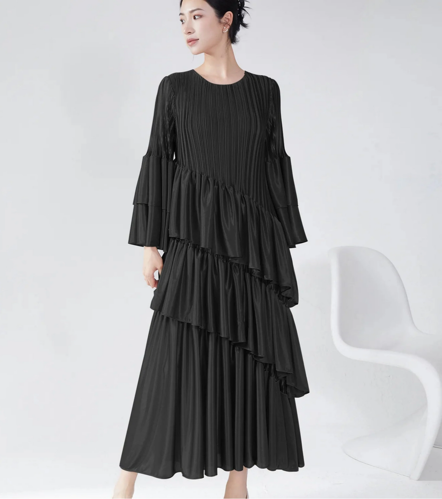 Truly Plissé Ruffle Sleeve Dress