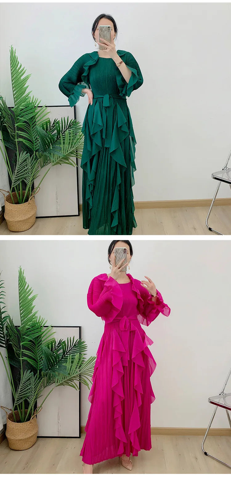 Luxury Pleated Ruffle Midi Dress