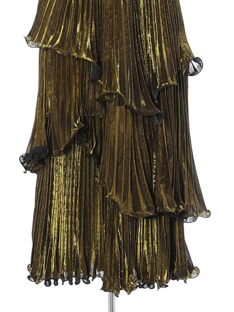 Metallic Tiered Midi Skirt