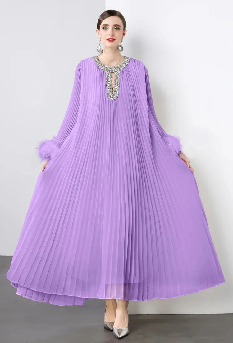 Plisse Faux Fur Crystal Dress