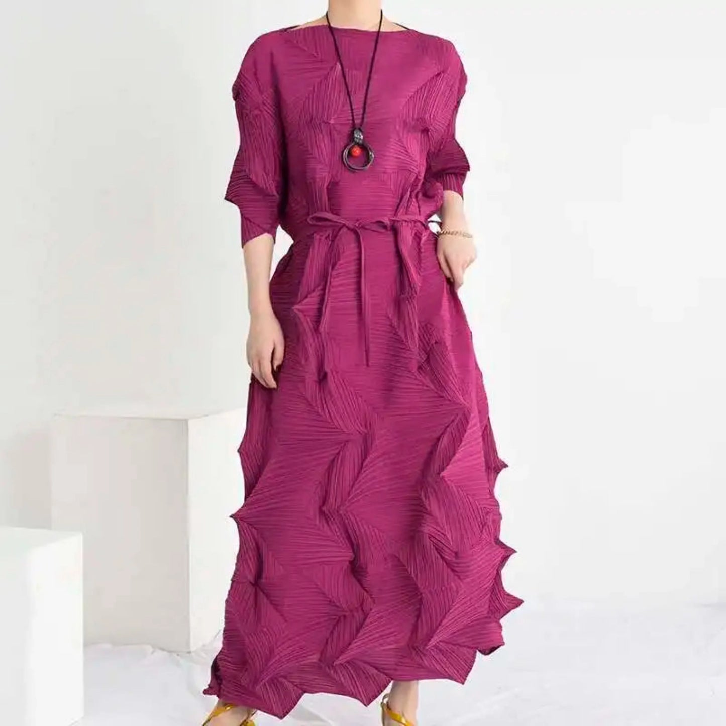 Plissé Geometric Midi Dress