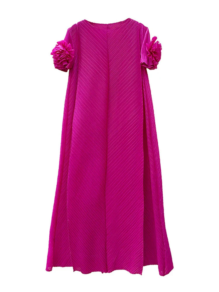 Luxe Floral Short Sleeve Plissé Pleated Long Dress