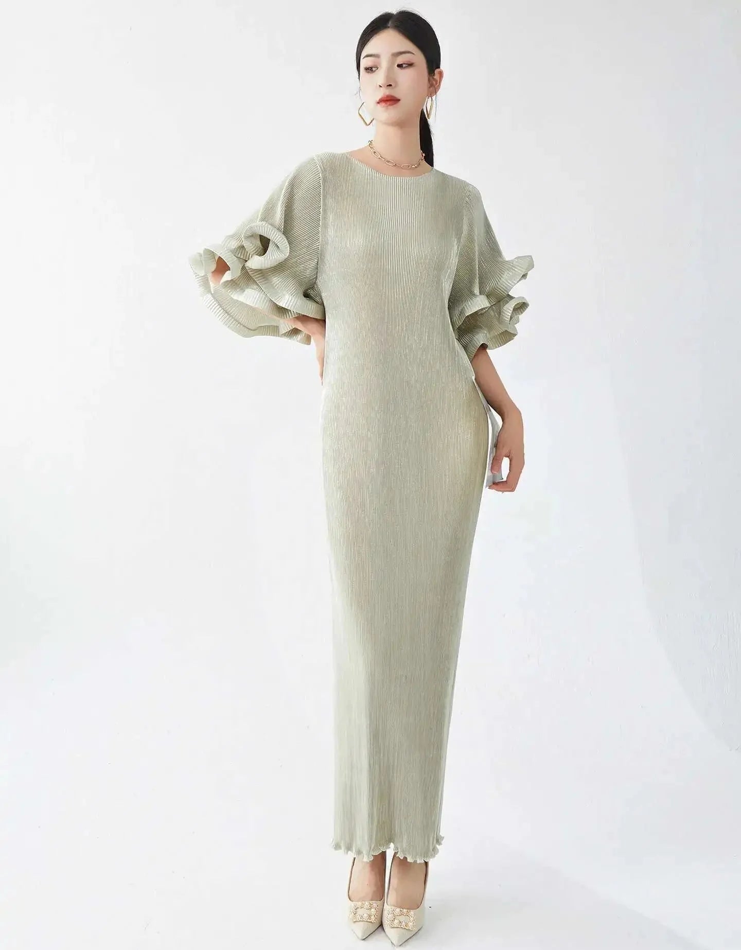 Luxury Pleated Flare Sleeve Dress