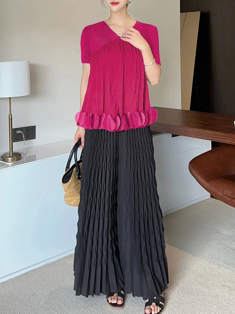 Pleated Chiffon Wide-Leg Trousers
