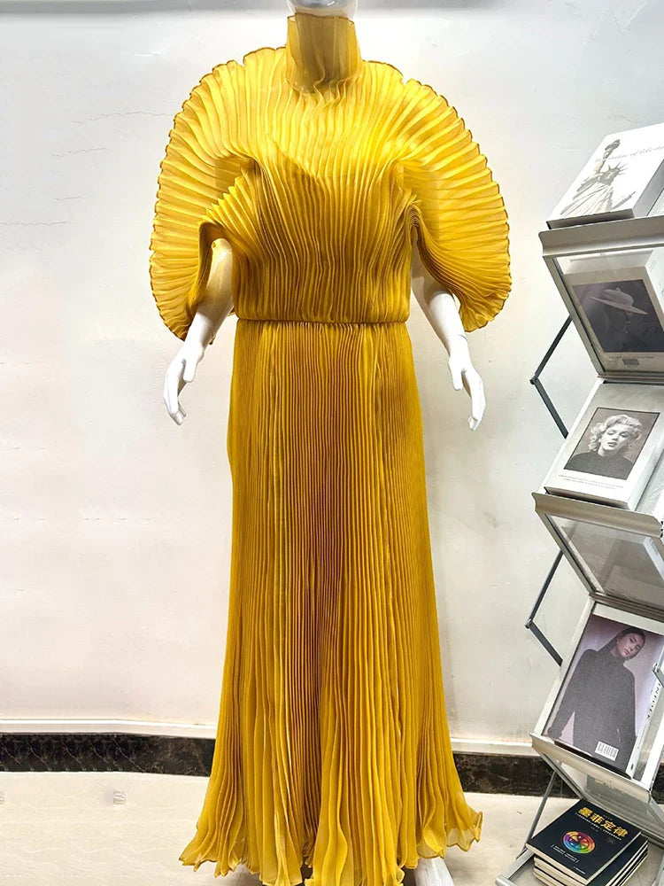 Women's Pleated Maxi Dress | Elegant Puff Up Sleeves