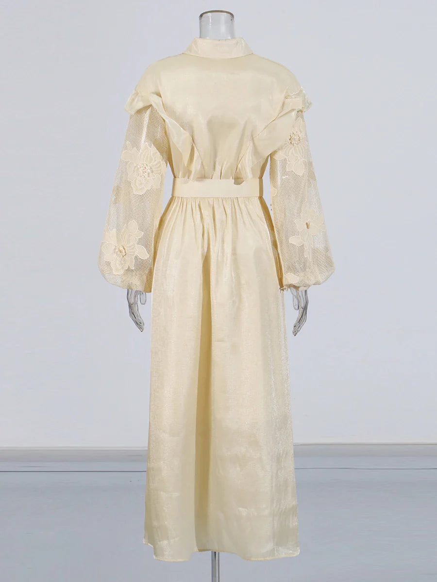 Couture Midi Dress with Sheer Mesh Long Sleeves