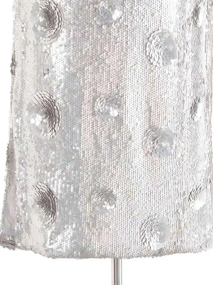 Luxury Silver Sequin Midi Skirt