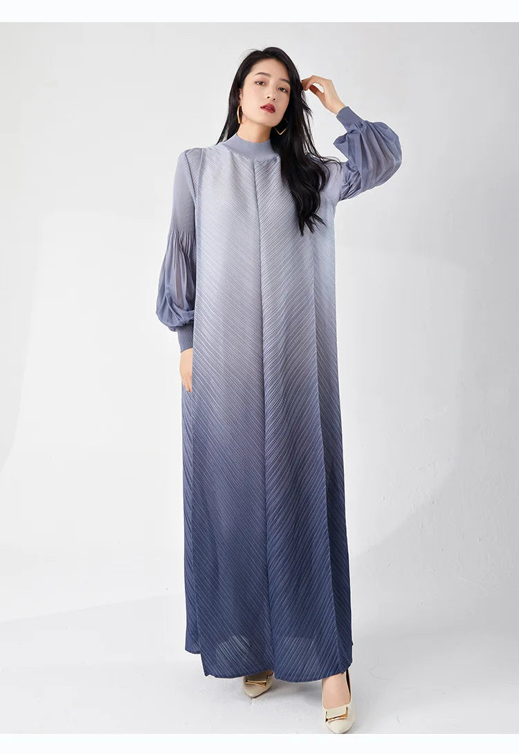 Pleated Midi Dress - Long Sleeve Puff