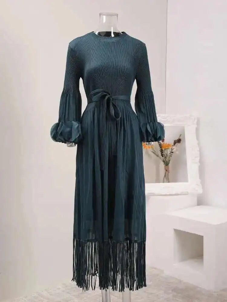 Elegant Fringe Hem Plissé Dress