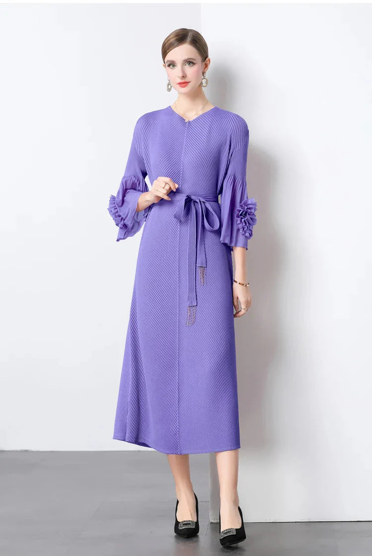 Floral Cape Sleeve Plisse Dress