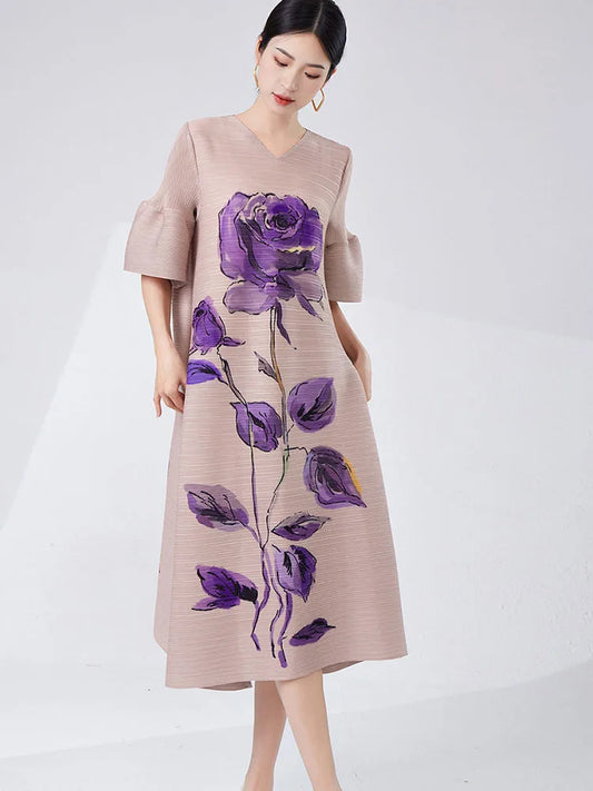 Women's Elegant Japanese Pleated Floral Dress