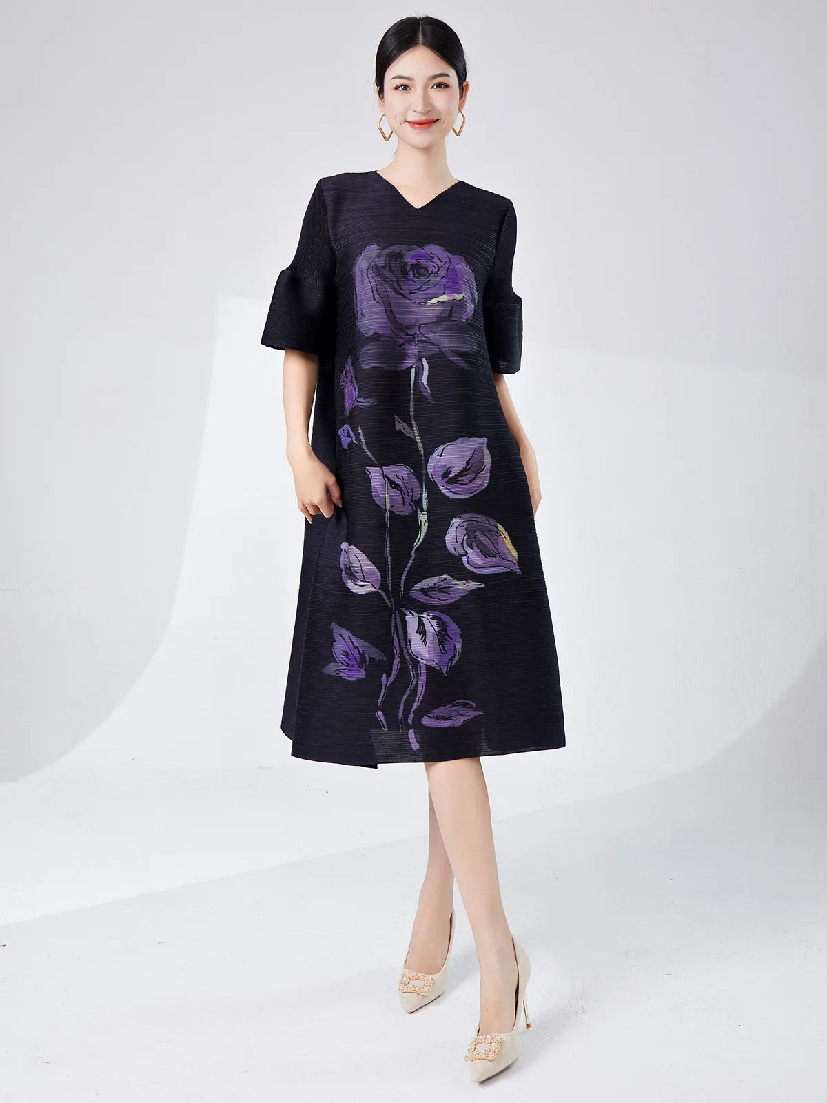 Women's Elegant Japanese Pleated Floral Dress