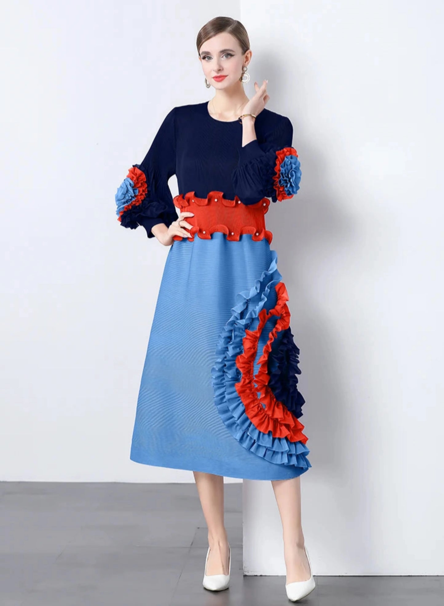 Ruffle Sleeve Plisse Dress