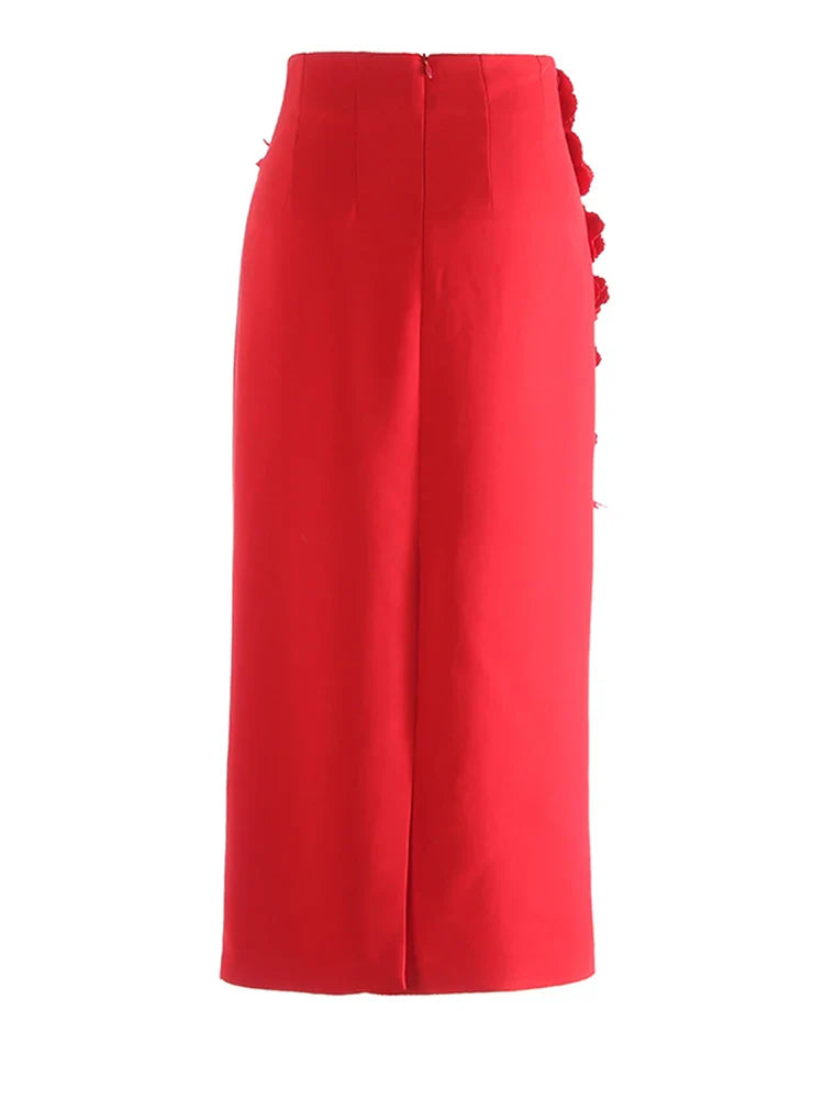 Red Floral Appliqué Midi Skirt