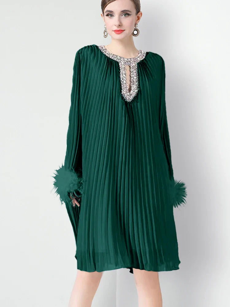 Plisse Crystal Neckline Cocktail Dress