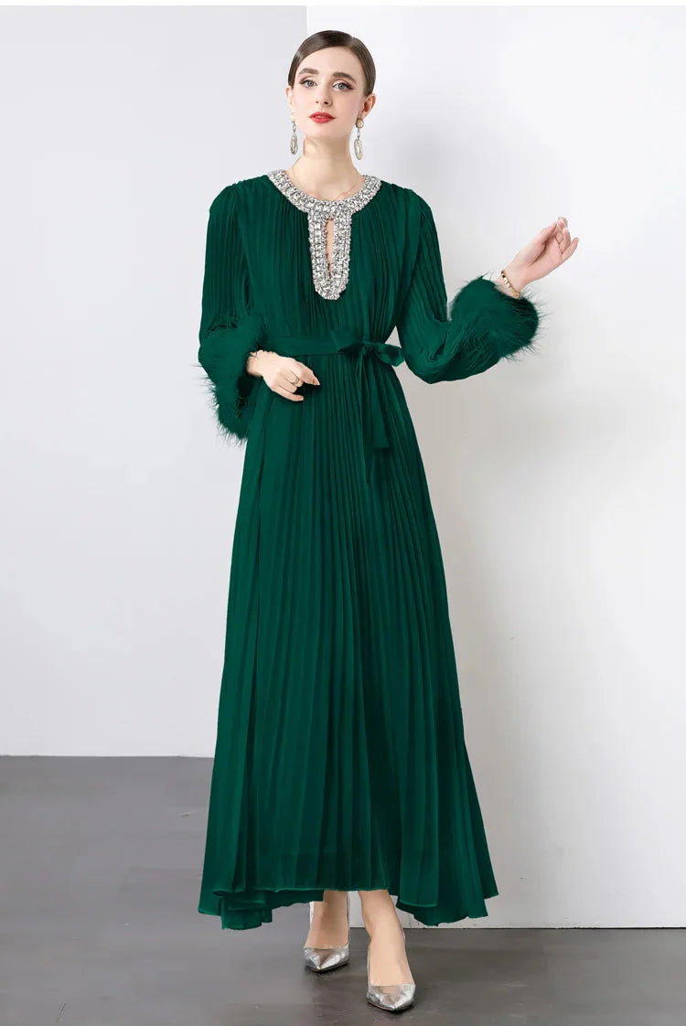 Plisse Faux Fur Crystal Dress