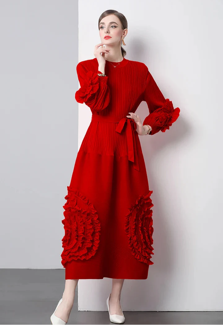 Plisse Floral Bubble Sleeve Dress