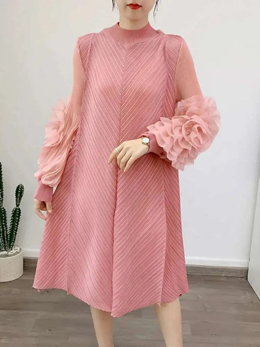 Luxury Pleated Floral Ruffle Dress