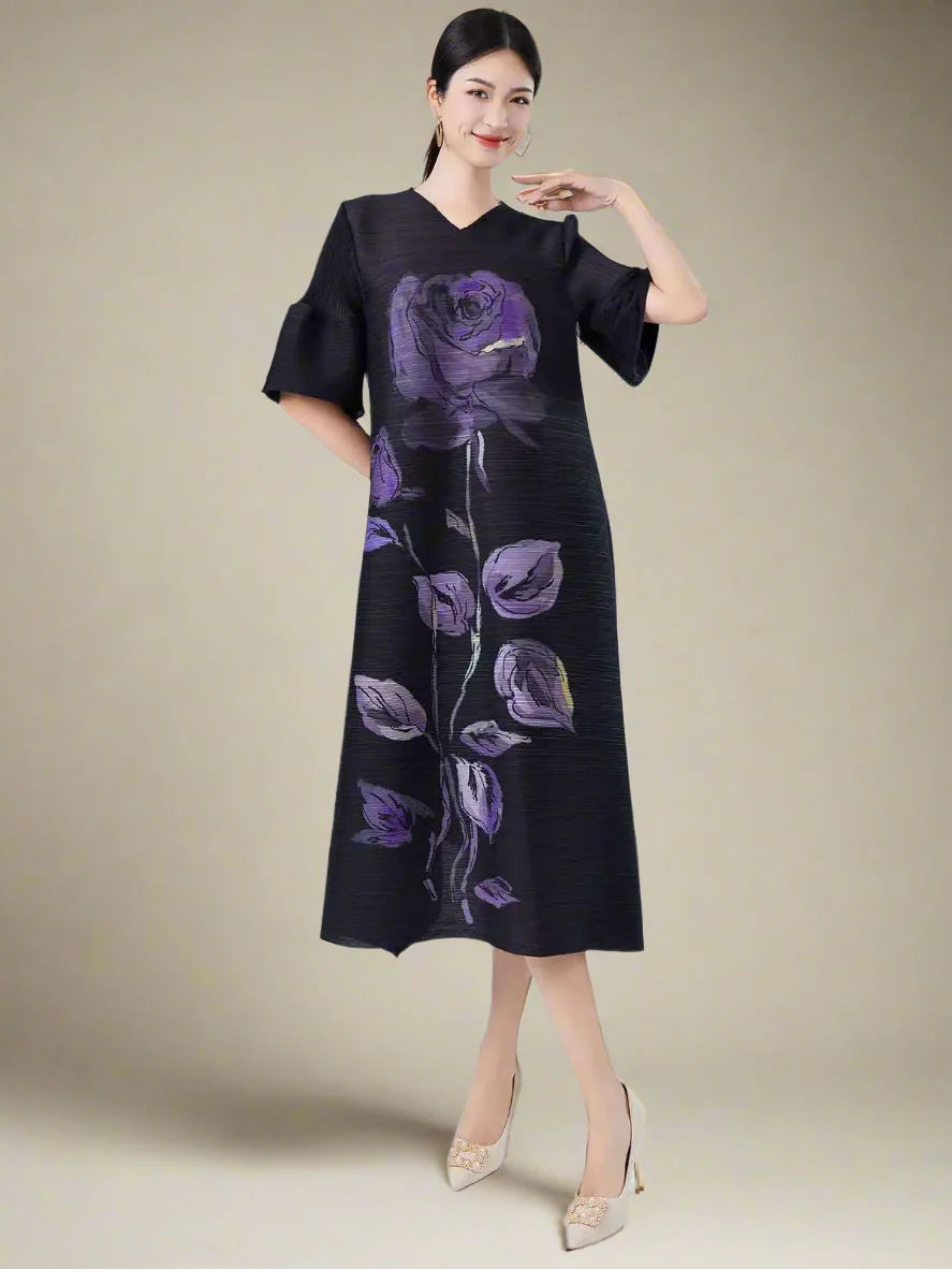 Rose Pleated Cape Sleeve Dress