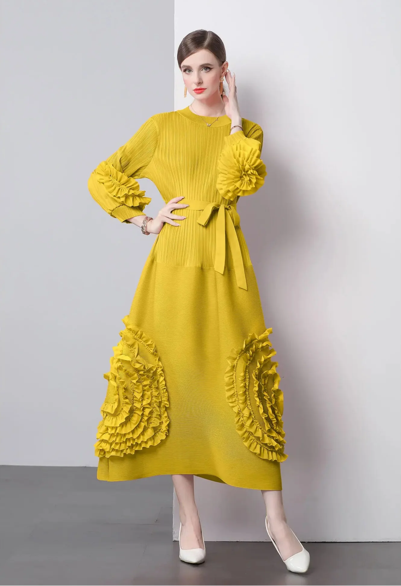 Plisse Floral Bubble Sleeve Dress
