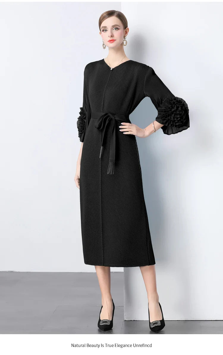 Floral Cape Sleeve Plisse Dress