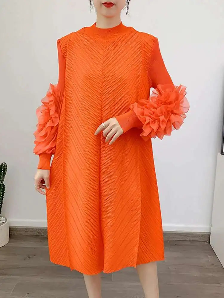 Luxury Pleated Floral Ruffle Dress