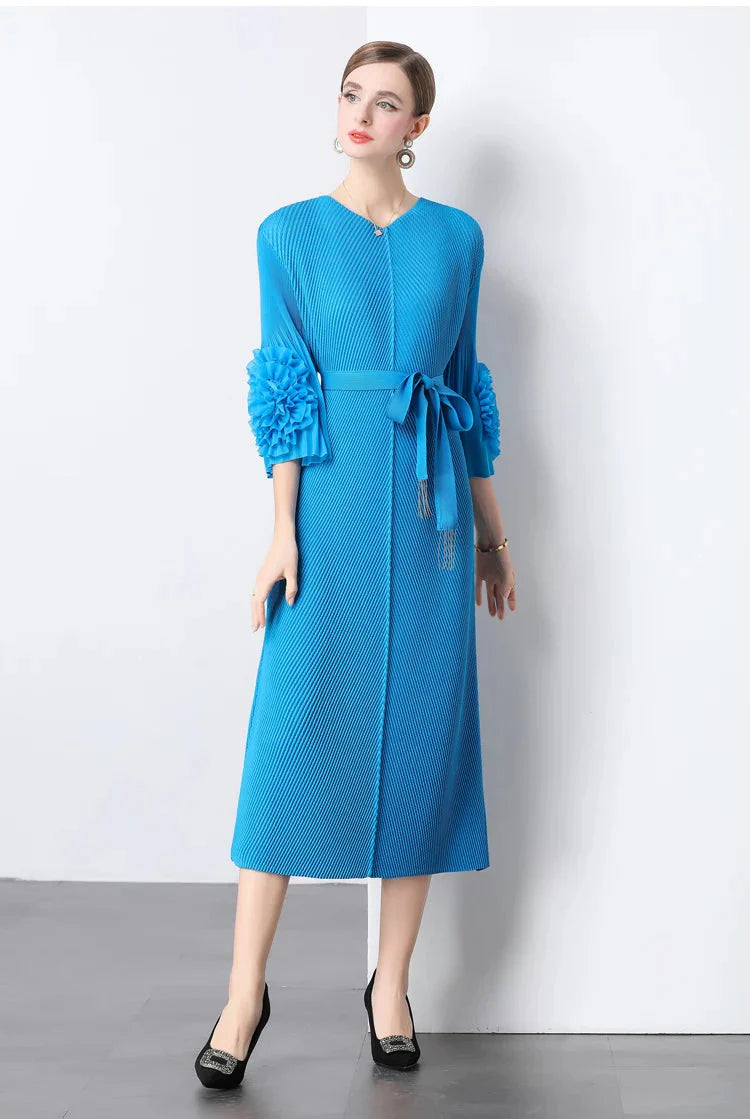 Floral Cape Sleeve Plisse Dress