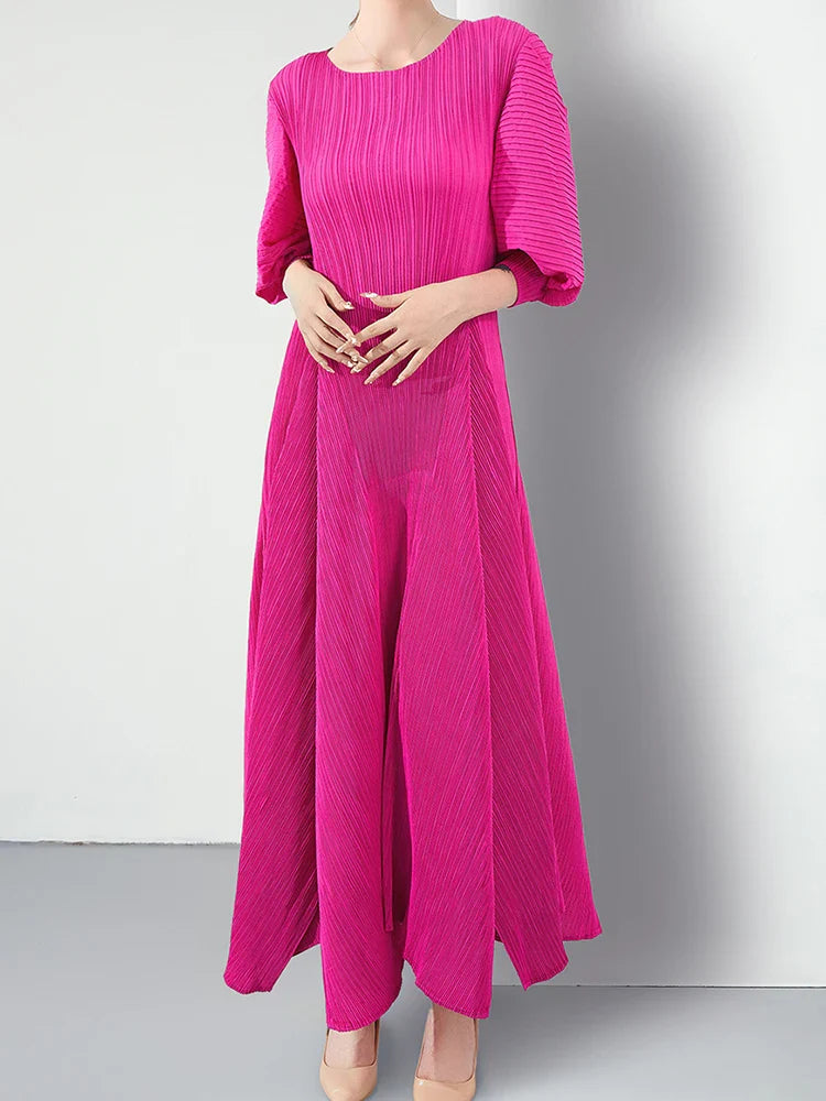 Plissé Pleated Puff Sleeve Dress