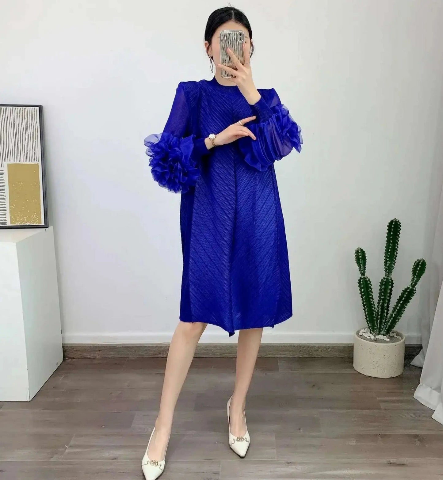 Luxury Pleated Floral Ruffle Dress