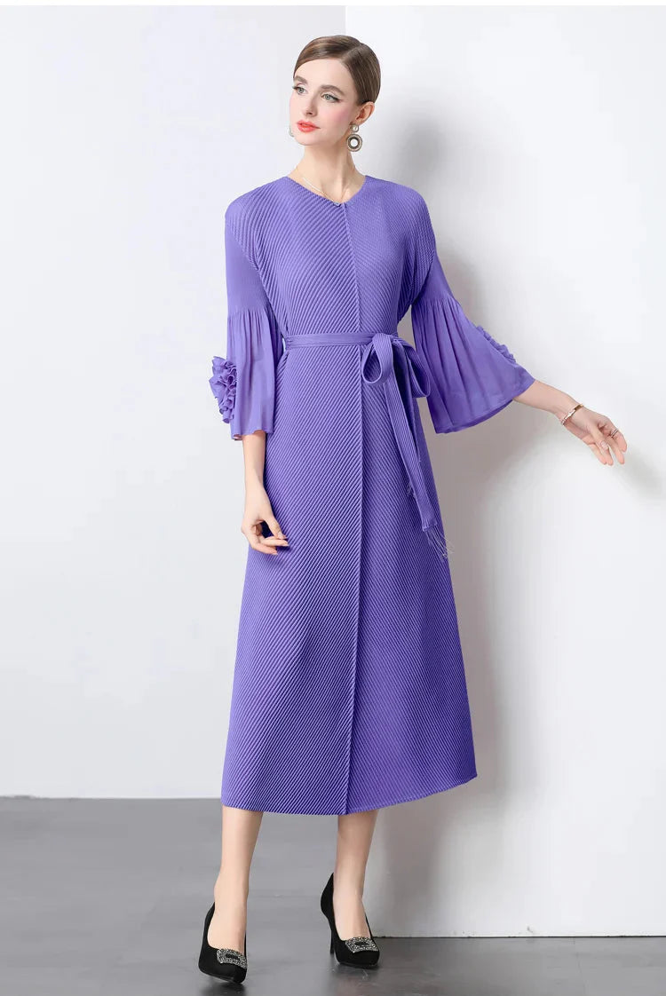 Floral Cape Sleeve Plisse Dress