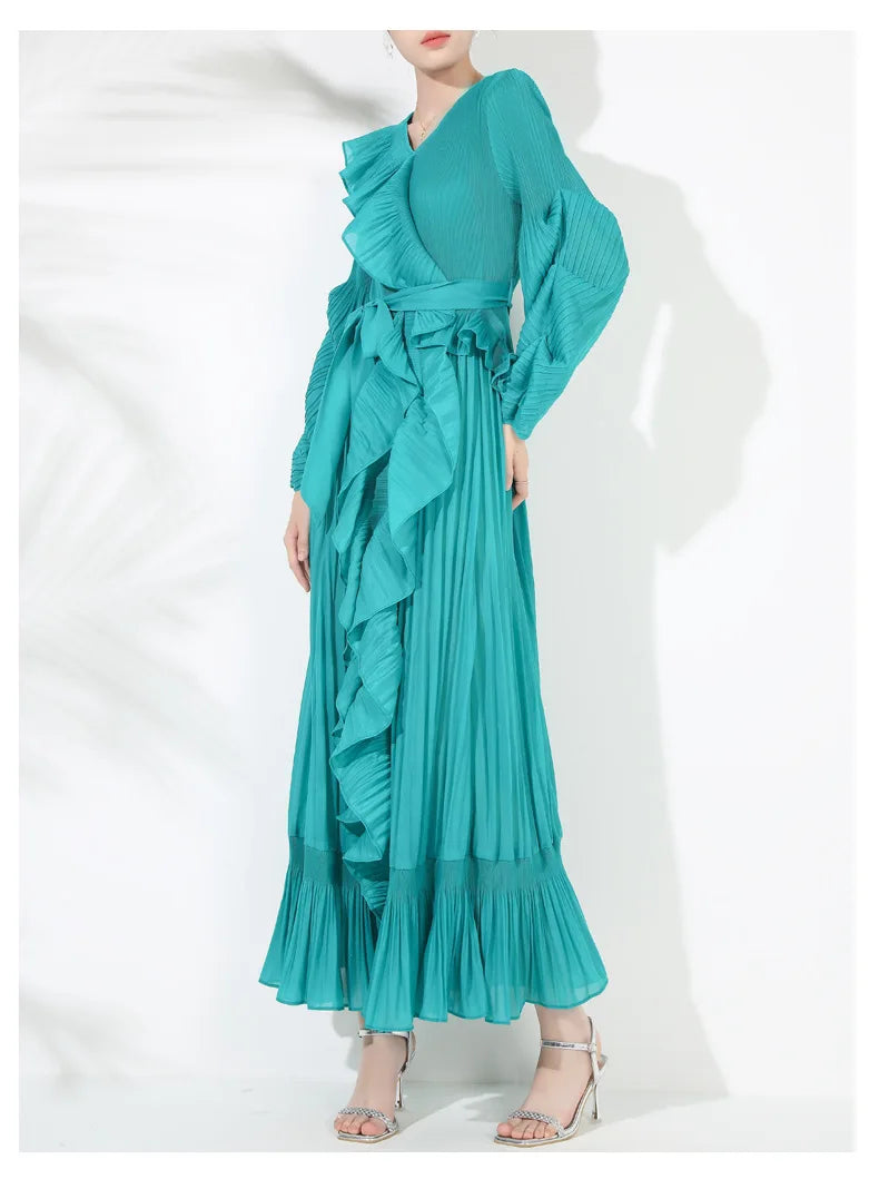Ruffle Pleated V-Neck Dress