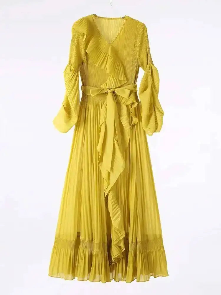 Ruffle Pleated V-Neck Dress